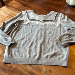 Anthropologie Gray Crew Neck Sweater with Ruffle Detail